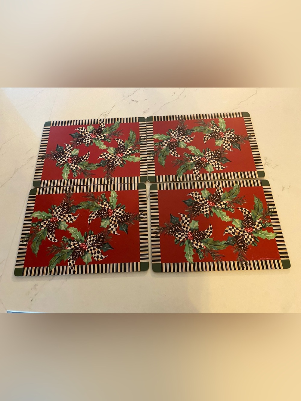 MacKenzie-Childs Holly Holiday Set of 4 Cork Back Red Classic Stripe Placemats